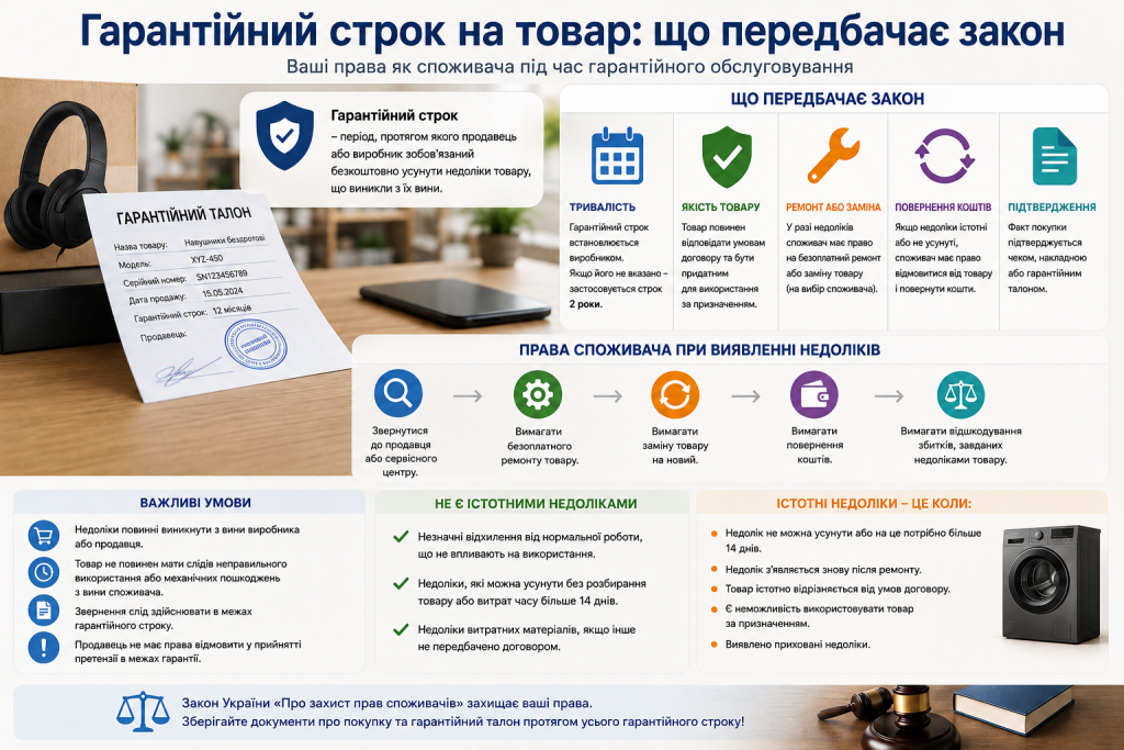 Гарантійний строк на товар, права споживача на ремонт, заміну або повернення коштів за законом