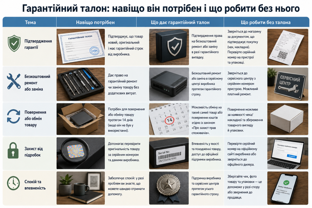 Інфографіка про гарантійний талон, гарантійний ремонт, обмін і повернення товару та дії покупця без талона
