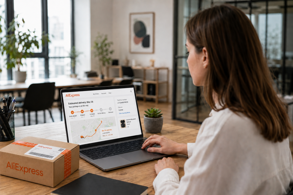 Жінка відстежує доставку посилки з AliExpress в Україну за трек-номером на ноутбуці