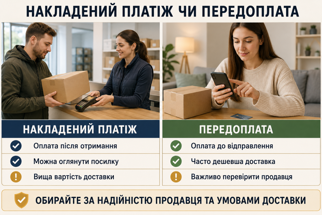 Інфографіка порівняння накладеного платежу та передоплати під час замовлення товарів