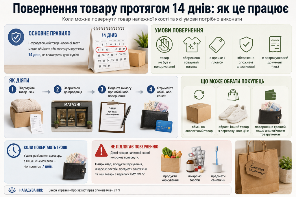 Правила повернення товару протягом 14 днів, умови обміну та повернення коштів покупцю