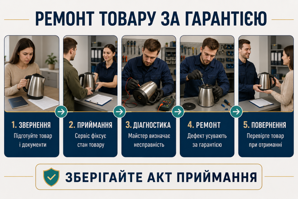Інфографіка про ремонт товару за гарантією з етапами звернення, приймання, діагностики, ремонту та повернення