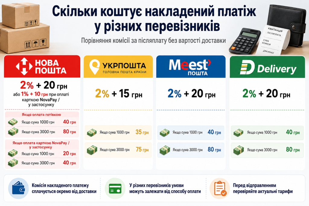 Інфографіка з порівнянням комісії за накладений платіж у Нової пошти, Укрпошти, Meest та Delivery