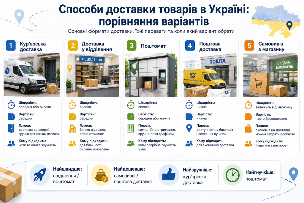 Порівняння способів доставки товарів в Україні — кур'єр, відділення, поштомат, пошта та самовивіз