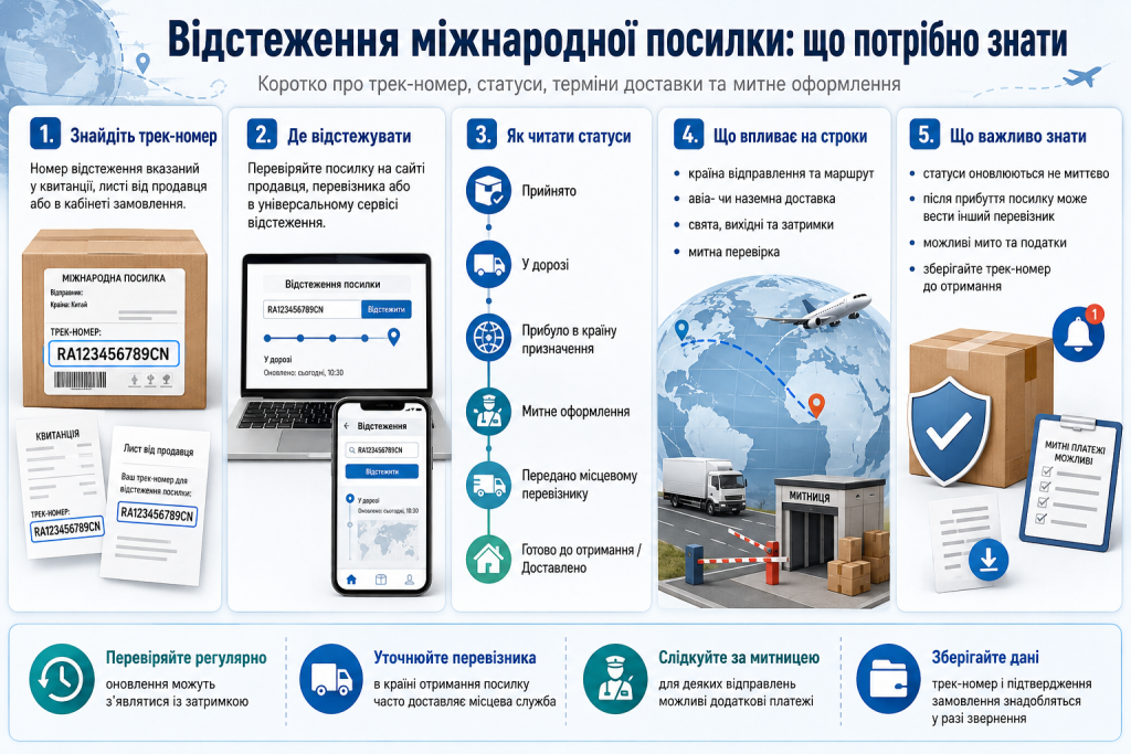 Відстеження міжнародної посилки за трек-номером, статуси доставки, митне оформлення та терміни перевезення