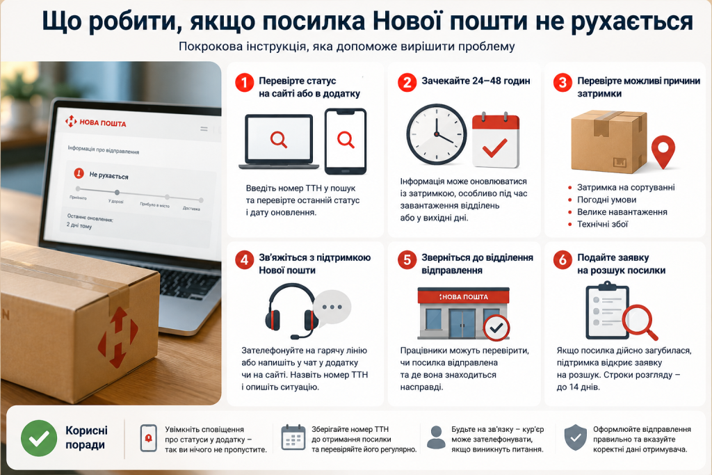 Покрокова інструкція, що робити, якщо посилка Нової пошти не рухається та статус доставки довго не оновлюється