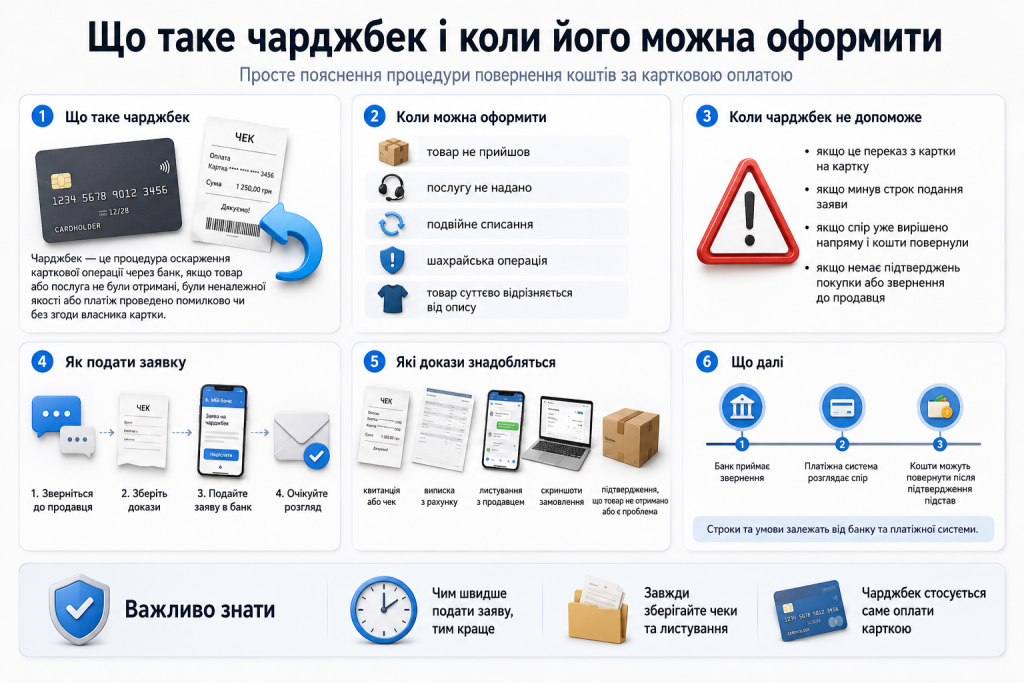 Інфографіка про чарджбек, причини повернення коштів за картковою операцією та порядок подання заяви