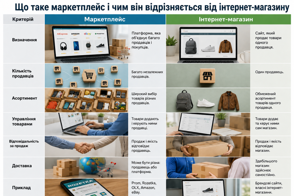 Порівняння маркетплейсу та інтернет-магазину за кількістю продавців, асортиментом, доставкою та відповідальністю