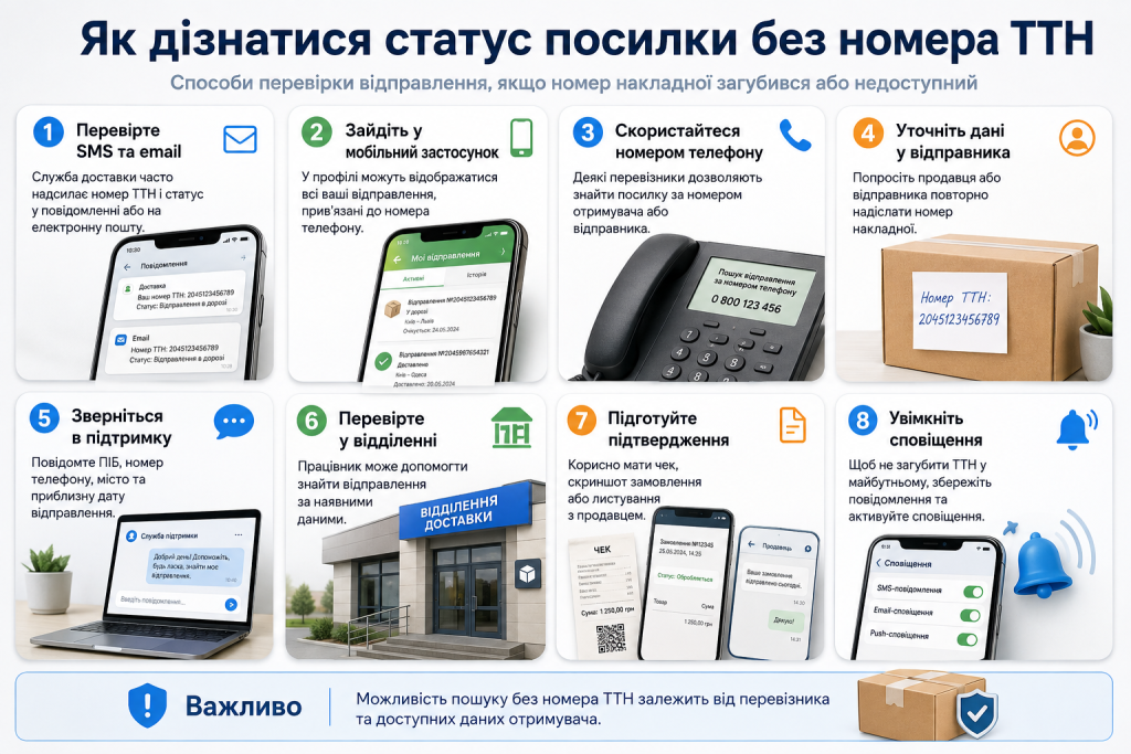Інфографіка зі способами перевірки статусу посилки без номера товарно-транспортної накладної