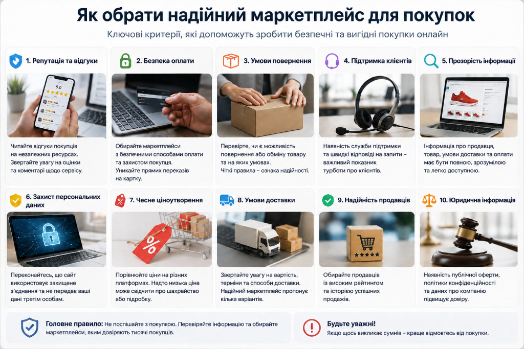Інфографіка з основними критеріями вибору надійного та безпечного маркетплейсу для онлайн-покупок