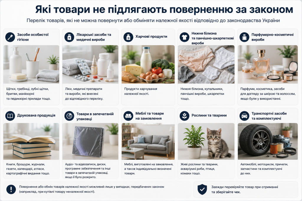 Інфографіка з переліком товарів належної якості, які не підлягають поверненню або обміну за законом