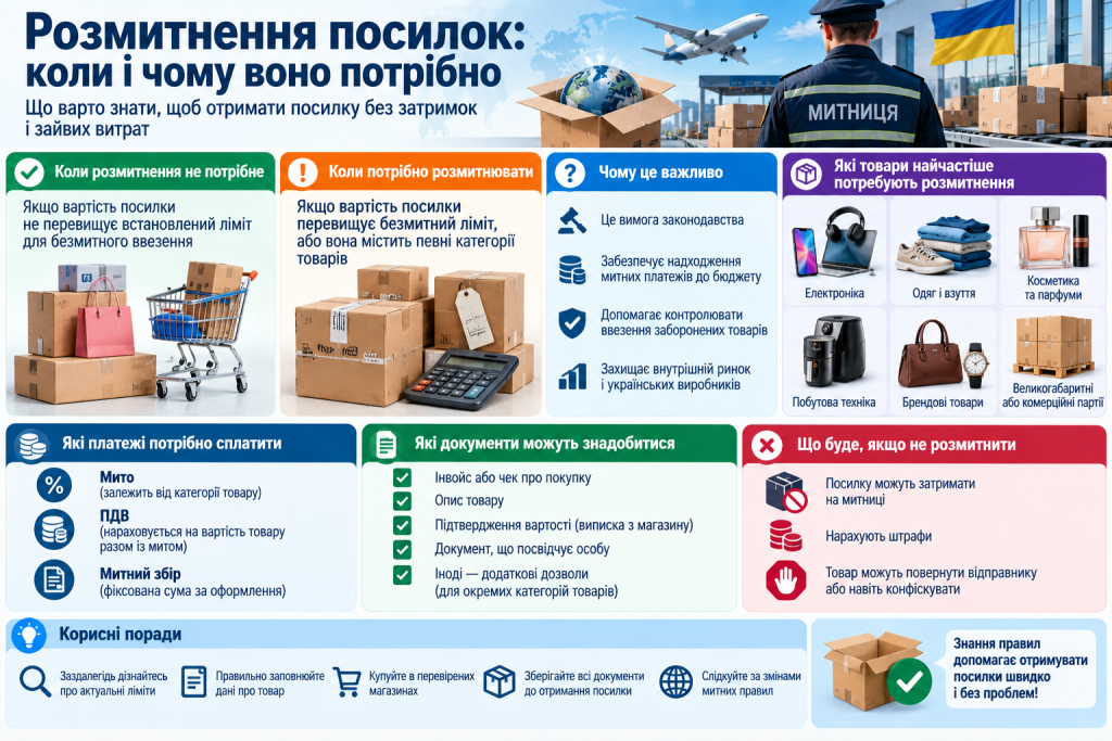 Інфографіка про правила розмитнення міжнародних посилок, митні платежі, документи та категорії товарів