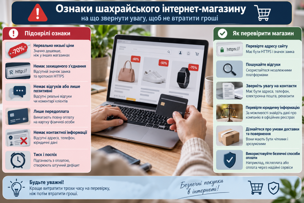 Інфографіка про ознаки шахрайського інтернет-магазину та способи перевірки сайту, контактів, відгуків, оплати й умов доставки.