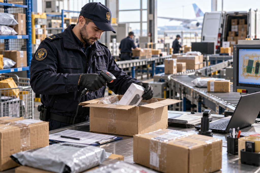 Розмитнення посилок: коли і чому воно потрібне Працівник митниці перевіряє та сканує міжнародні посилки на логістичному складі біля аеропорту