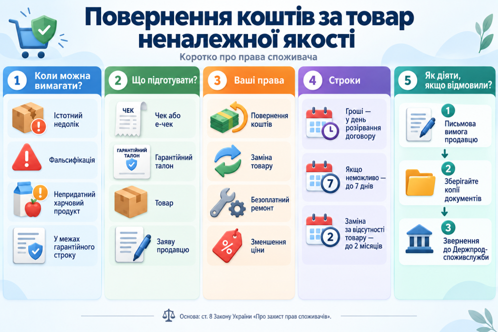 Інфографіка про права споживача при поверненні товару неналежної якості, строки, необхідні документи, заміну, ремонт і повернення коштів.