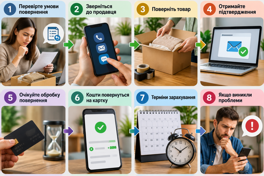 Інфографіка з восьми етапів повернення коштів за придбаний товар: перевірка умов, звернення до продавця, відправлення покупки та отримання грошей на банківську картку.