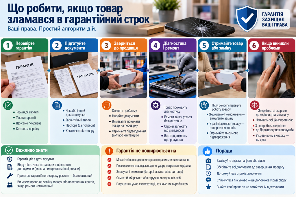 Покрокова інфографіка про повернення, ремонт або заміну товару, який зламався під час гарантійного строку